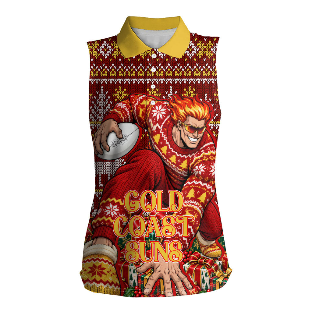 Personalized Gold Coast Suns Football Christmas Women Sleeveless Polo Shirt Australian Football Mascot - Ugly Xmas Pattern Festive