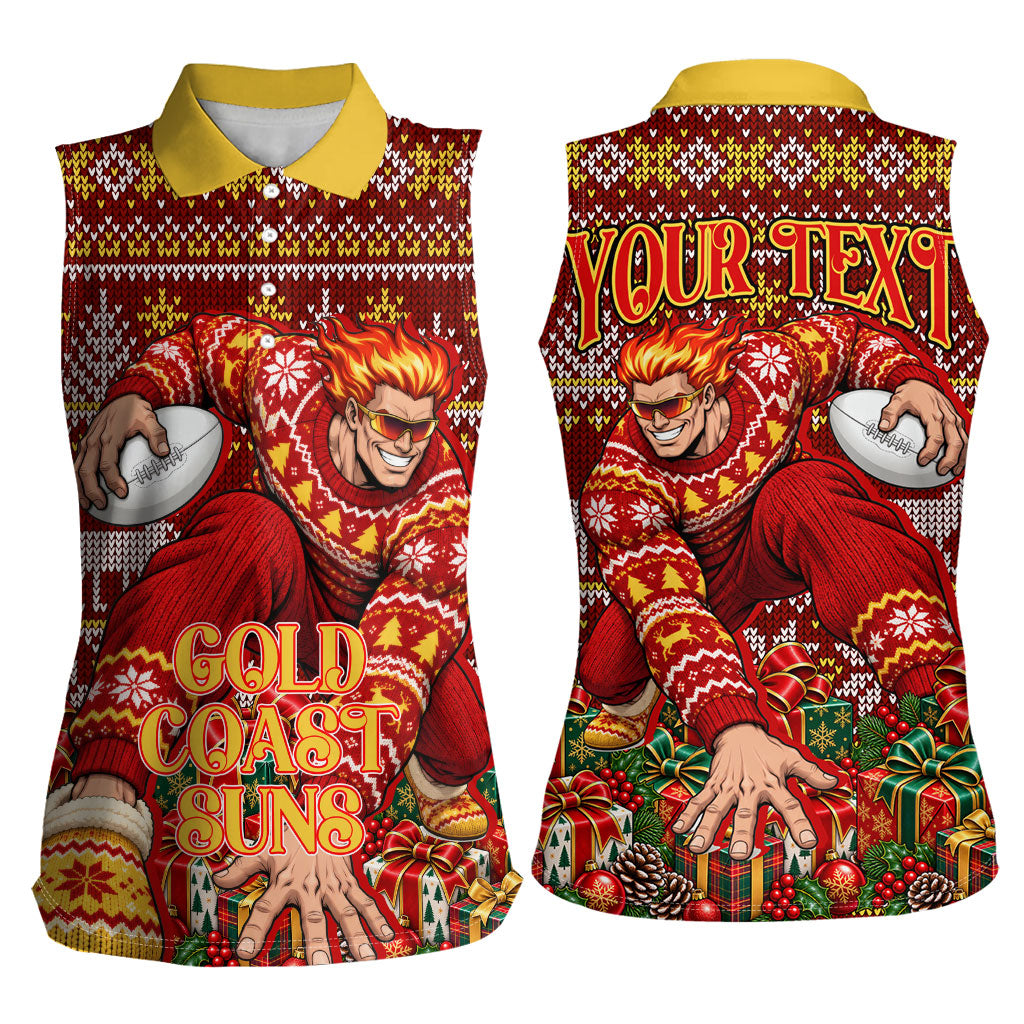 Personalized Gold Coast Suns Football Christmas Women Sleeveless Polo Shirt Australian Football Mascot - Ugly Xmas Pattern Festive