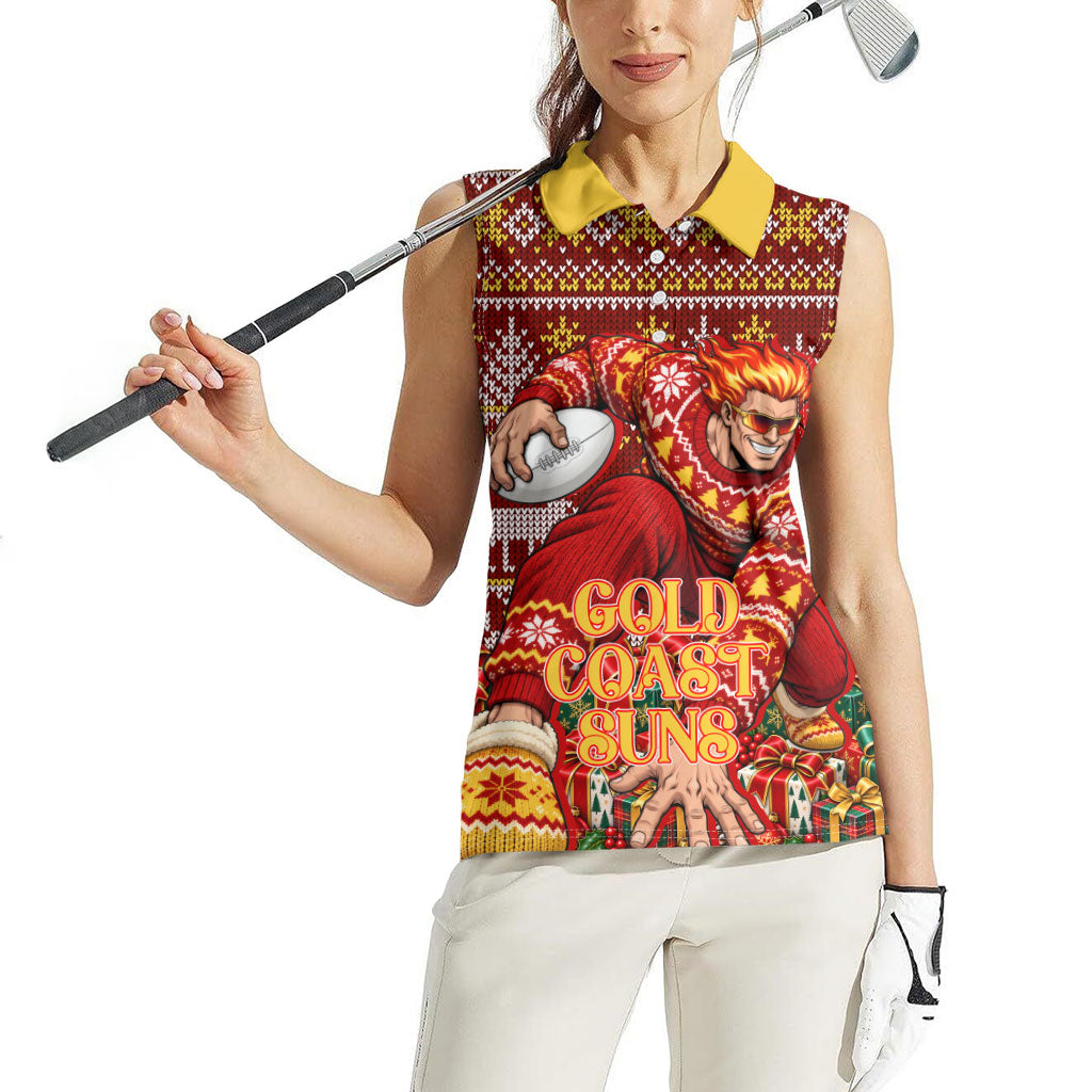 Personalized Gold Coast Suns Football Christmas Women Sleeveless Polo Shirt Australian Football Mascot - Ugly Xmas Pattern Festive