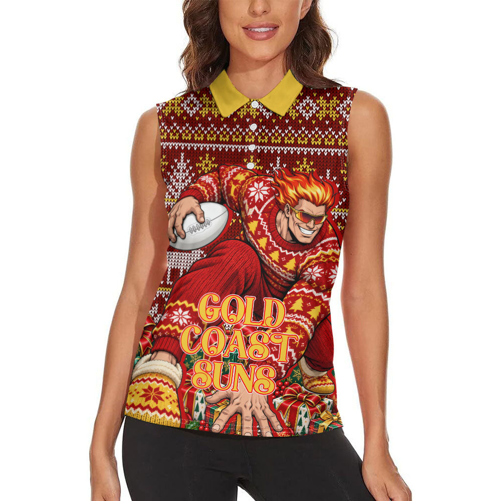 Personalized Gold Coast Suns Football Christmas Women Sleeveless Polo Shirt Australian Football Mascot - Ugly Xmas Pattern Festive