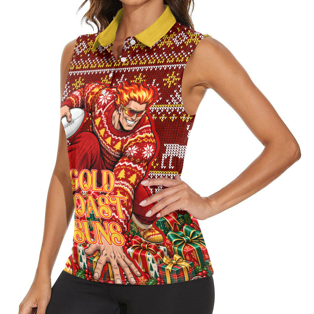 Personalized Gold Coast Suns Football Christmas Women Sleeveless Polo Shirt Australian Football Mascot - Ugly Xmas Pattern Festive