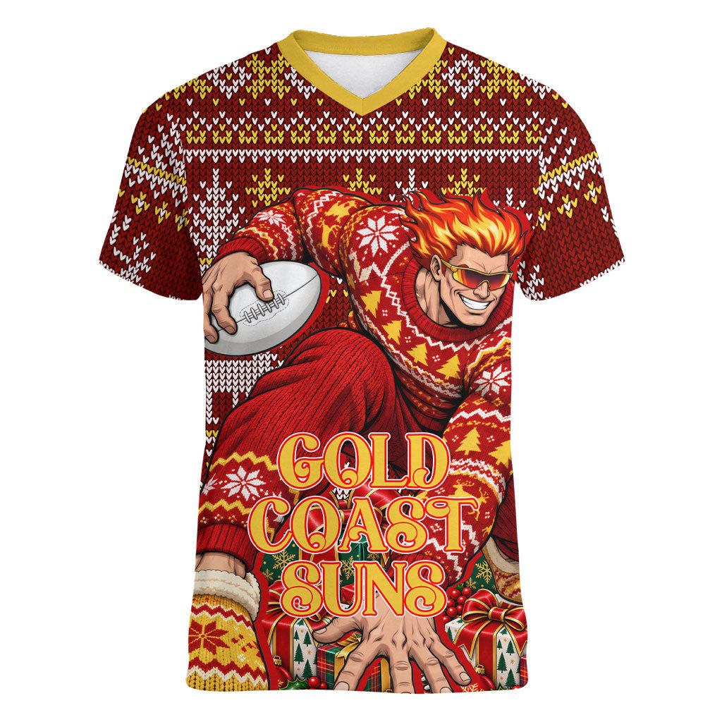 Personalized Gold Coast Suns Football Christmas Women V-Neck T-Shirt Australian Football Mascot - Ugly Xmas Pattern Festive