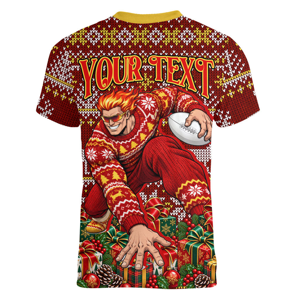 Personalized Gold Coast Suns Football Christmas Women V-Neck T-Shirt Australian Football Mascot - Ugly Xmas Pattern Festive