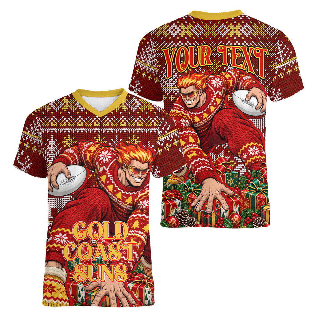Personalized Gold Coast Suns Football Christmas Women V-Neck T-Shirt Australian Football Mascot - Ugly Xmas Pattern Festive