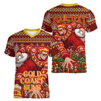 Personalized Gold Coast Suns Football Christmas Women V-Neck T-Shirt Australian Football Mascot - Ugly Xmas Pattern Festive