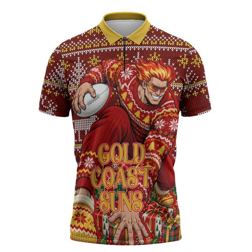 Personalized Gold Coast Suns Football Christmas Zipper Polo Shirt Australian Football Mascot - Ugly Xmas Pattern Festive