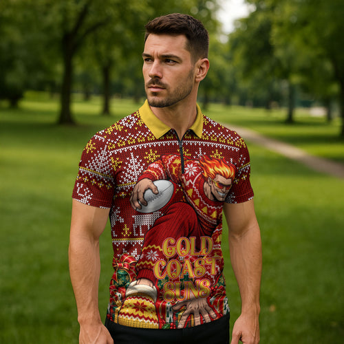 Personalized Gold Coast Suns Football Christmas Zipper Polo Shirt Australian Football Mascot - Ugly Xmas Pattern Festive