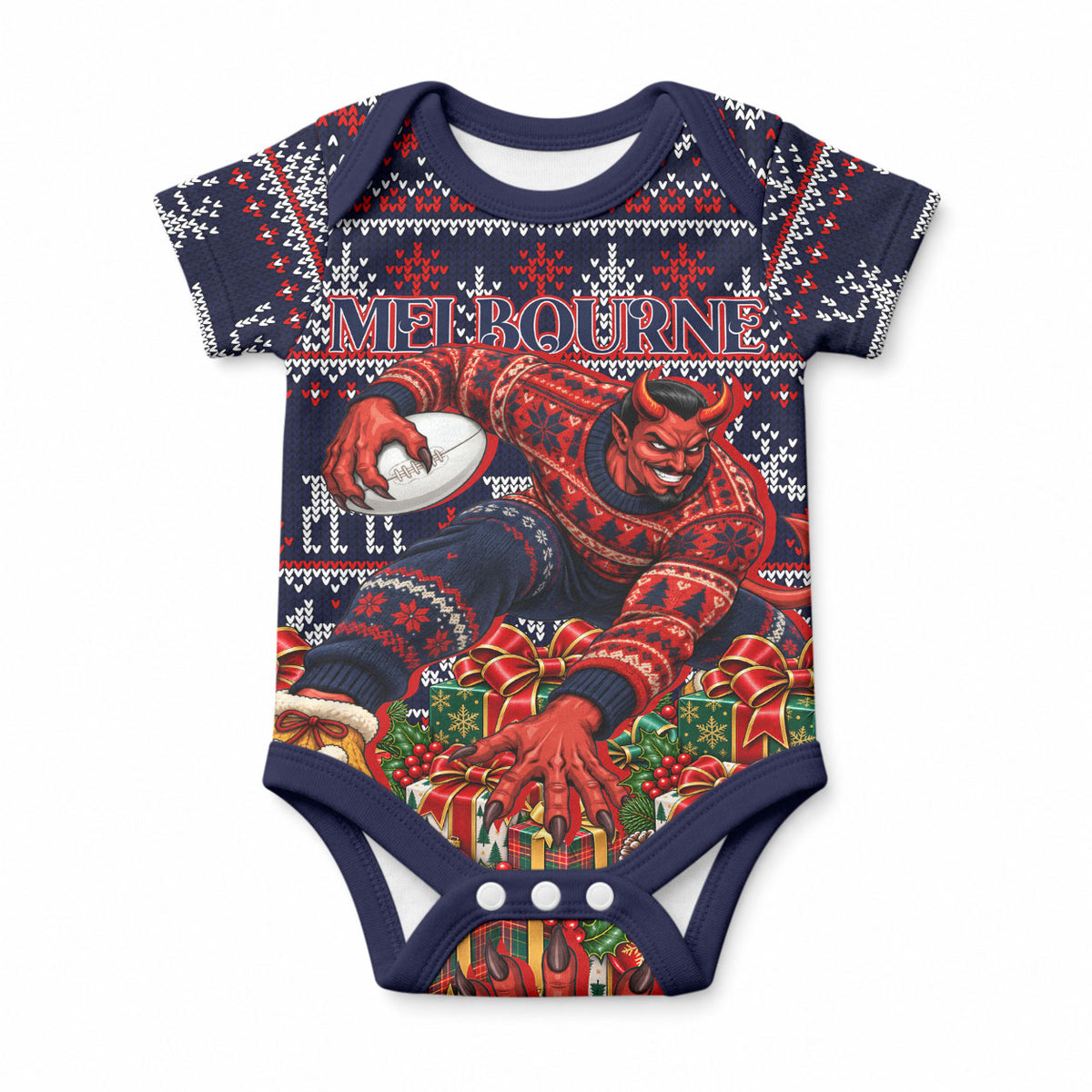 Personalized Melbourne Football Christmas Baby Onesie Australian Football Mascot - Ugly Xmas Pattern Festive
