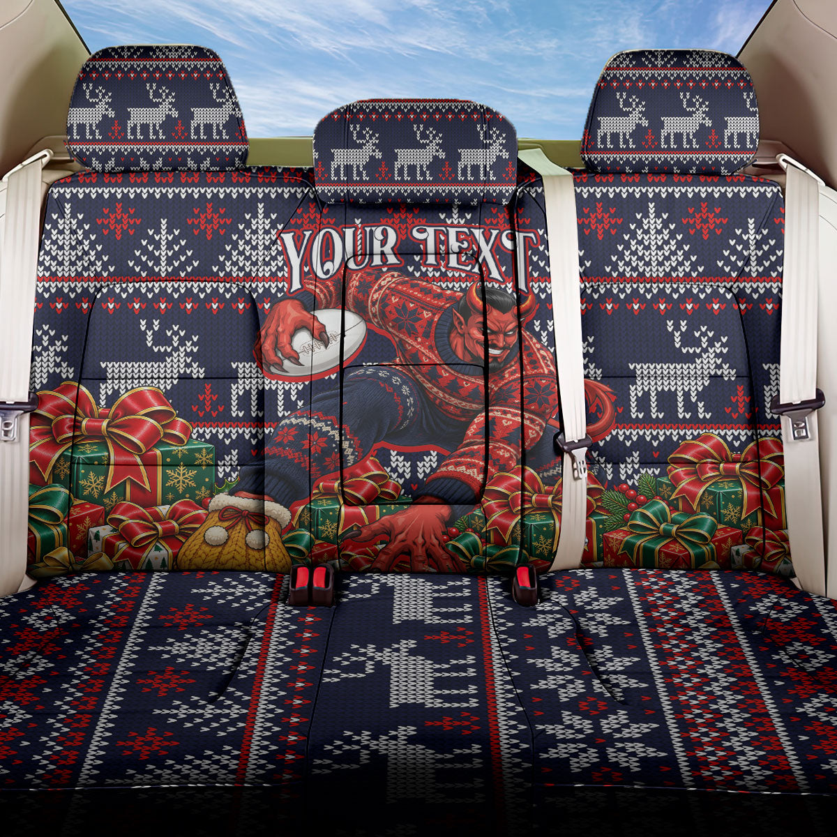 Personalized Melbourne Football Christmas Back Car Seat Cover Australian Football Mascot - Ugly Xmas Pattern Festive