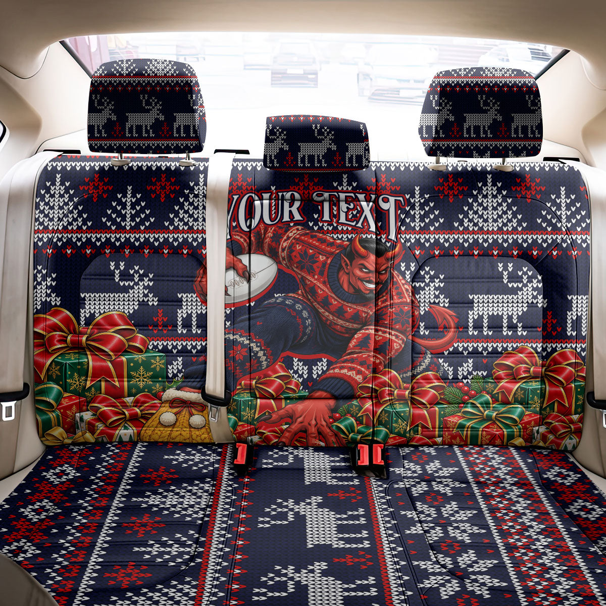 Personalized Melbourne Football Christmas Back Car Seat Cover Australian Football Mascot - Ugly Xmas Pattern Festive