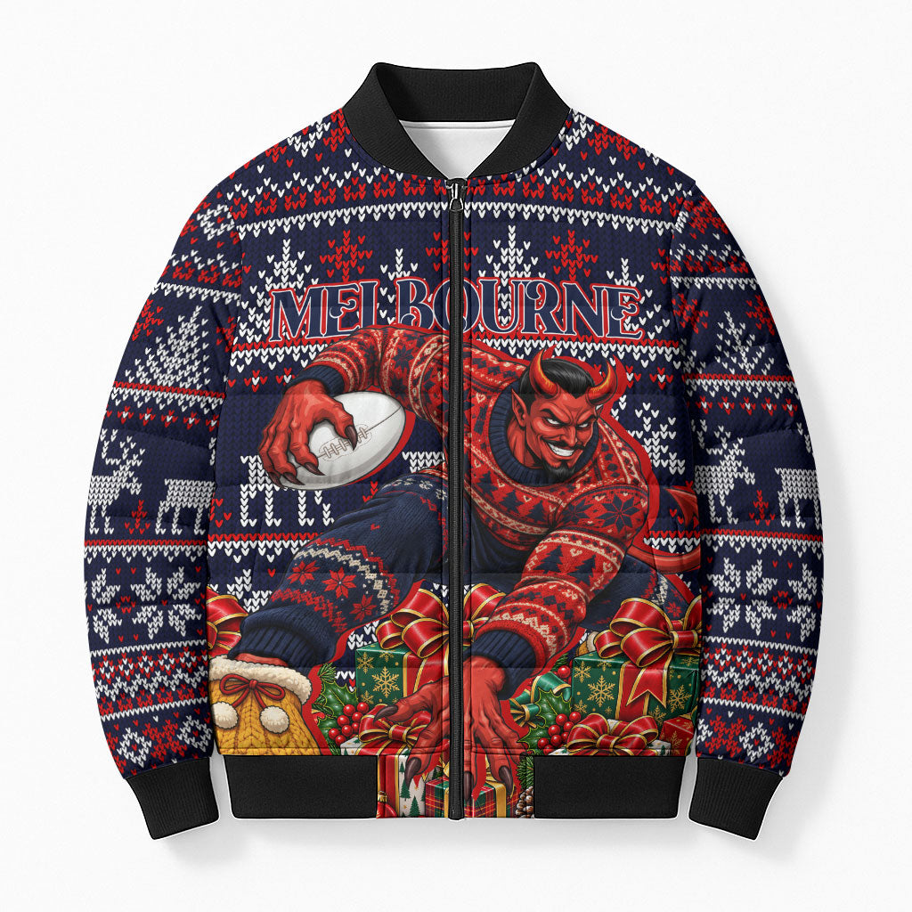 Personalized Melbourne Football Christmas Bomber Puffer Jacket Australian Football Mascot - Ugly Xmas Pattern Festive