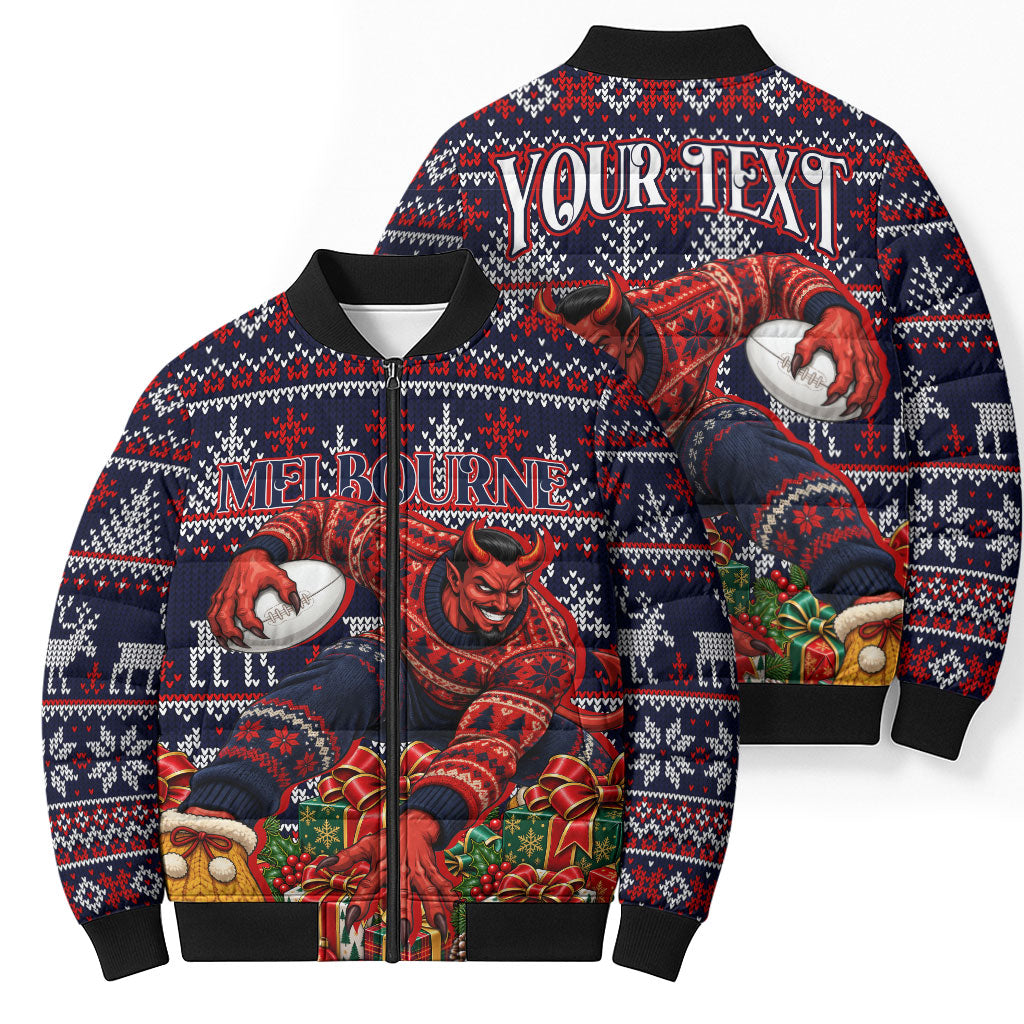 Personalized Melbourne Football Christmas Bomber Puffer Jacket Australian Football Mascot - Ugly Xmas Pattern Festive