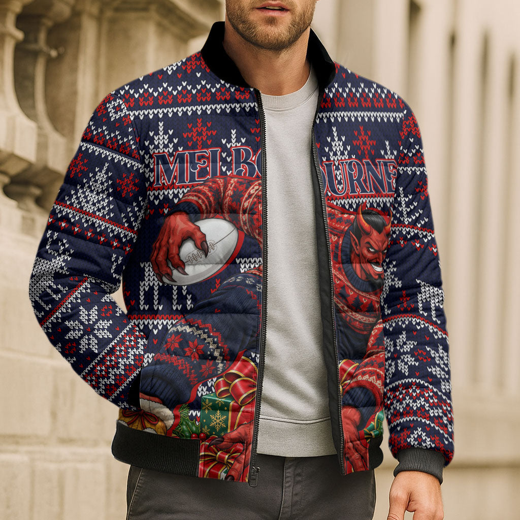 Personalized Melbourne Football Christmas Bomber Puffer Jacket Australian Football Mascot - Ugly Xmas Pattern Festive
