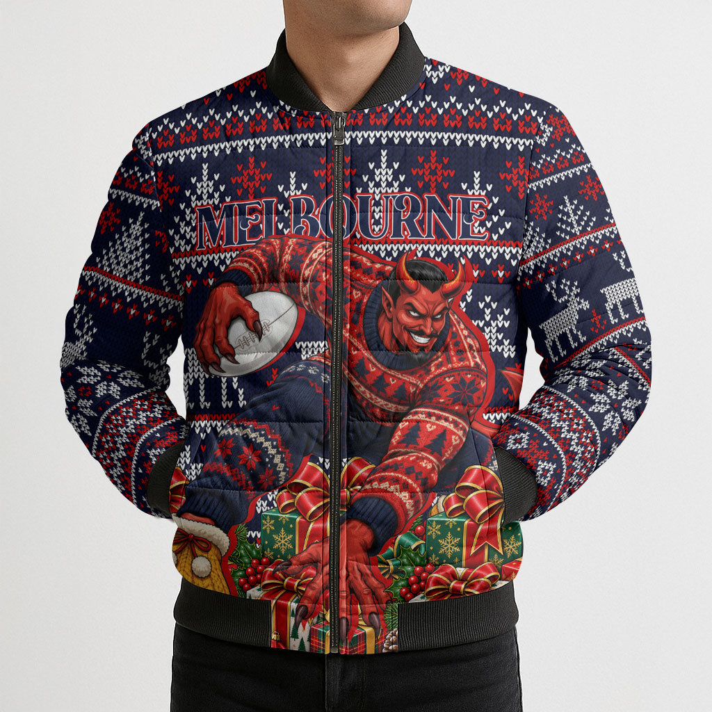 Personalized Melbourne Football Christmas Bomber Puffer Jacket Australian Football Mascot - Ugly Xmas Pattern Festive