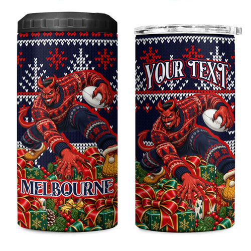 Personalized Melbourne Football Christmas 4 in 1 Can Cooler Tumbler Australian Football Mascot - Ugly Xmas Pattern Festive