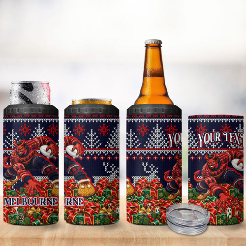 Personalized Melbourne Football Christmas 4 in 1 Can Cooler Tumbler Australian Football Mascot - Ugly Xmas Pattern Festive
