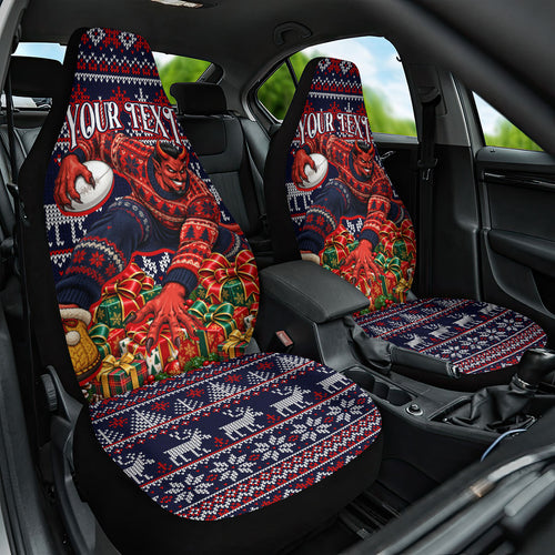 Personalized Melbourne Football Christmas Car Seat Cover Australian Football Mascot - Ugly Xmas Pattern Festive