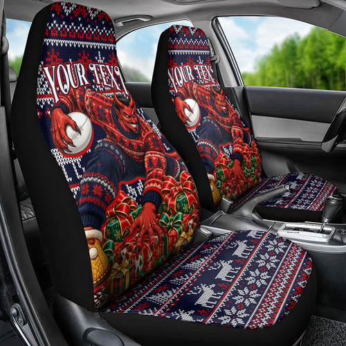 Personalized Melbourne Football Christmas Car Seat Cover Australian Football Mascot - Ugly Xmas Pattern Festive