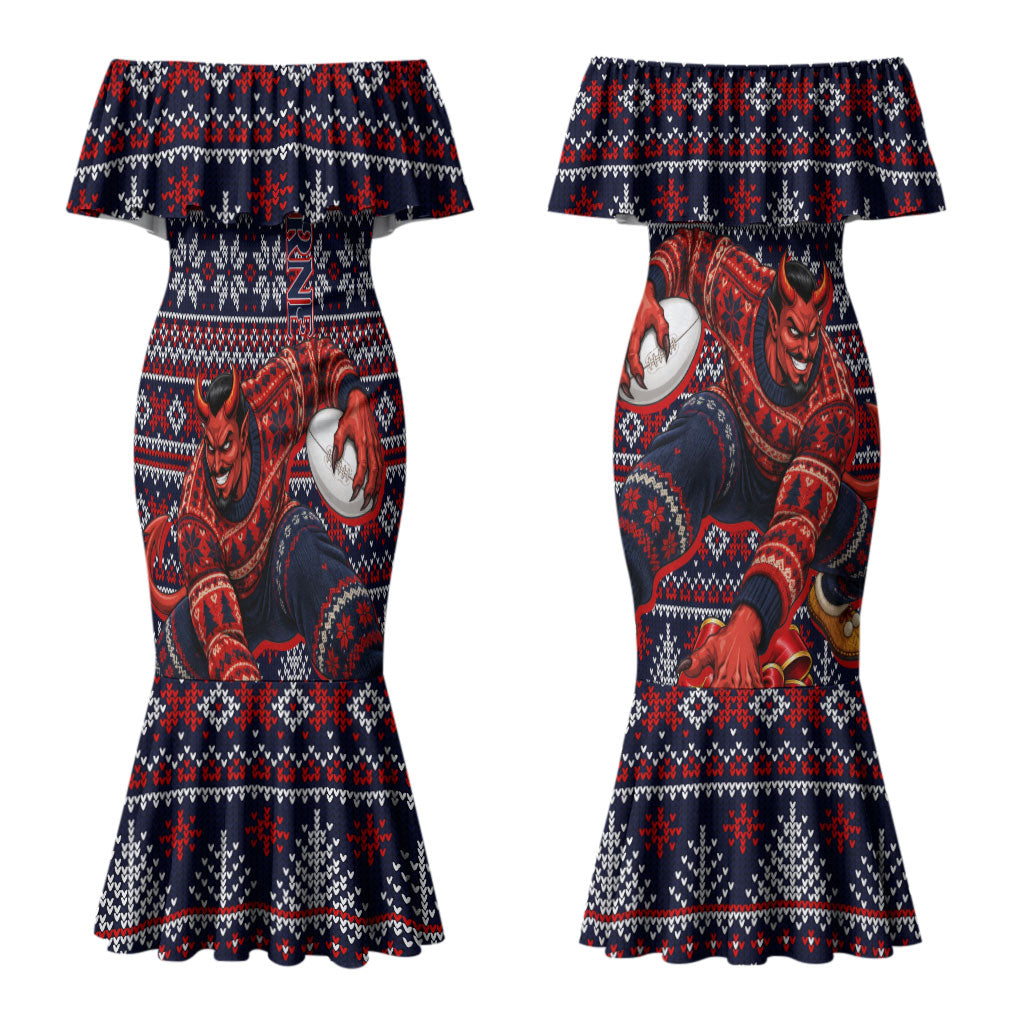 Personalized Melbourne Football Christmas Couples Matching Mermaid Dress and Hawaiian Shirt Australian Football Mascot - Ugly Xmas Pattern Festive