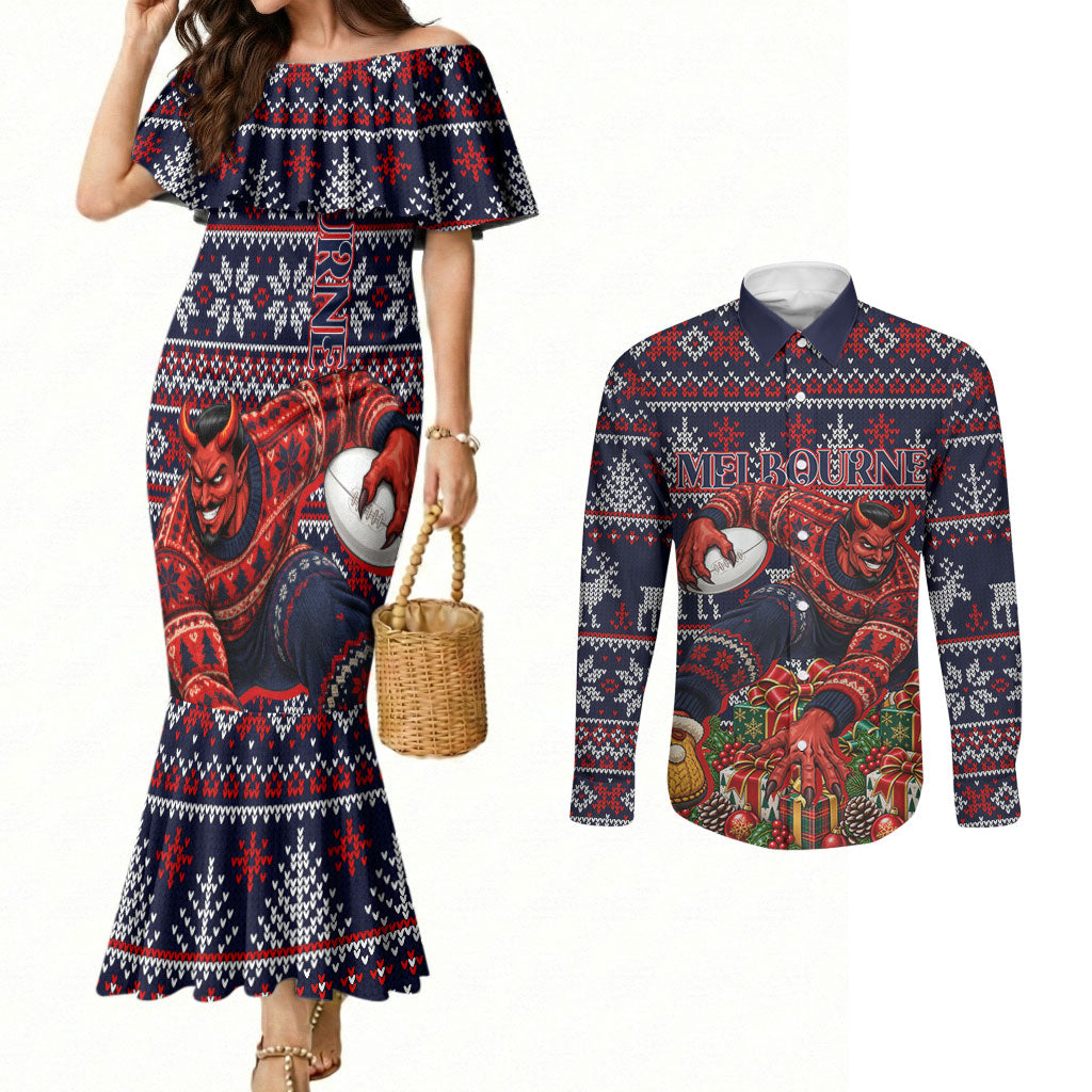 Personalized Melbourne Football Christmas Couples Matching Mermaid Dress and Long Sleeve Button Shirt Australian Football Mascot - Ugly Xmas Pattern Festive