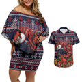 Personalized Melbourne Football Christmas Couples Matching Off Shoulder Short Dress and Hawaiian Shirt Australian Football Mascot - Ugly Xmas Pattern Festive