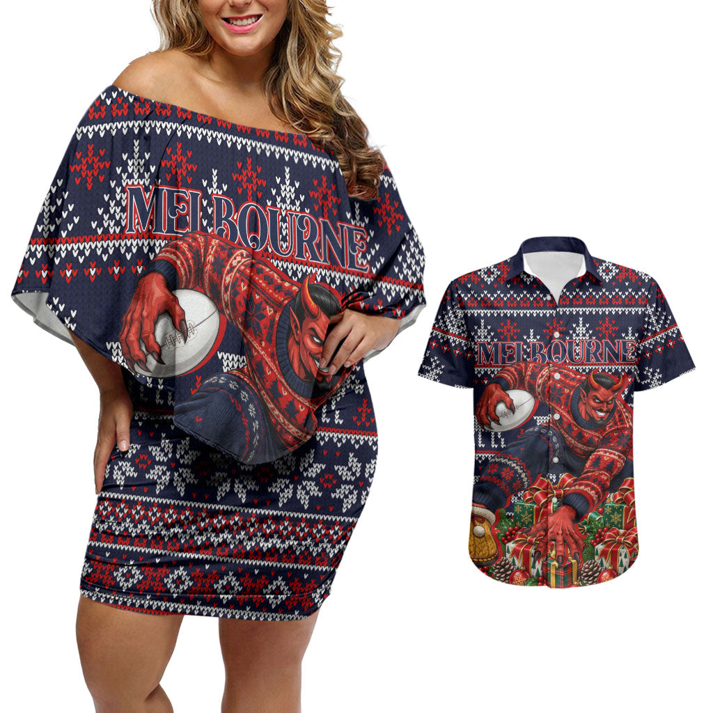 Personalized Melbourne Football Christmas Couples Matching Off Shoulder Short Dress and Hawaiian Shirt Australian Football Mascot - Ugly Xmas Pattern Festive