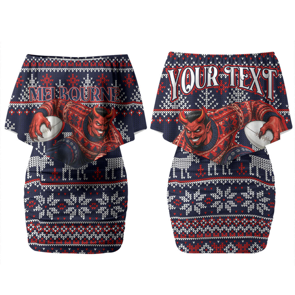 Personalized Melbourne Football Christmas Couples Matching Off Shoulder Short Dress and Hawaiian Shirt Australian Football Mascot - Ugly Xmas Pattern Festive