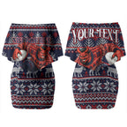 Personalized Melbourne Football Christmas Couples Matching Off Shoulder Short Dress and Hawaiian Shirt Australian Football Mascot - Ugly Xmas Pattern Festive