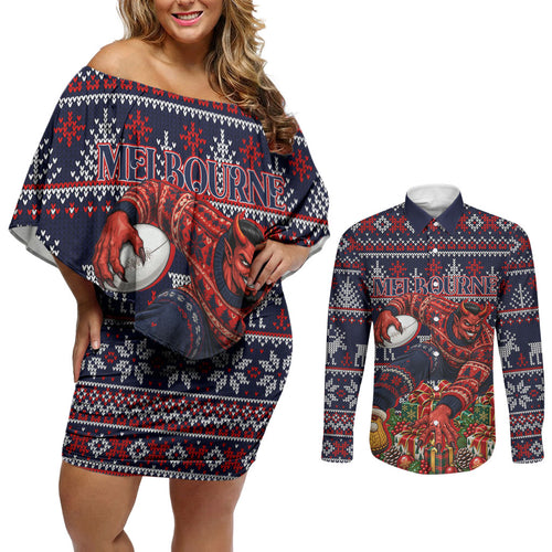 Personalized Melbourne Football Christmas Couples Matching Off Shoulder Short Dress and Long Sleeve Button Shirt Australian Football Mascot - Ugly Xmas Pattern Festive