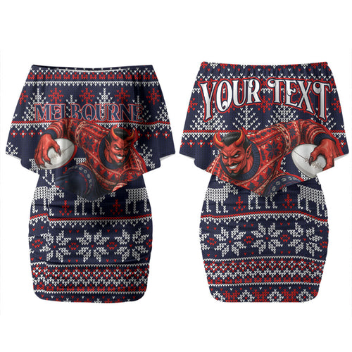Personalized Melbourne Football Christmas Couples Matching Off Shoulder Short Dress and Long Sleeve Button Shirt Australian Football Mascot - Ugly Xmas Pattern Festive