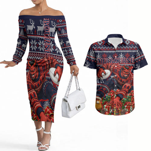 Personalized Melbourne Football Christmas Couples Matching Off The Shoulder Long Sleeve Dress and Hawaiian Shirt Australian Football Mascot - Ugly Xmas Pattern Festive