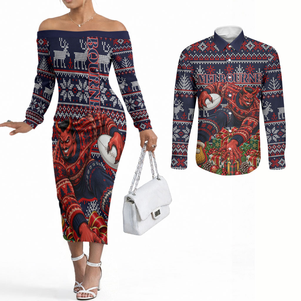 Personalized Melbourne Football Christmas Couples Matching Off The Shoulder Long Sleeve Dress and Long Sleeve Button Shirt Australian Football Mascot - Ugly Xmas Pattern Festive
