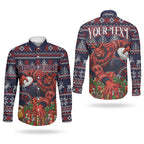 Personalized Melbourne Football Christmas Couples Matching Off The Shoulder Long Sleeve Dress and Long Sleeve Button Shirt Australian Football Mascot - Ugly Xmas Pattern Festive