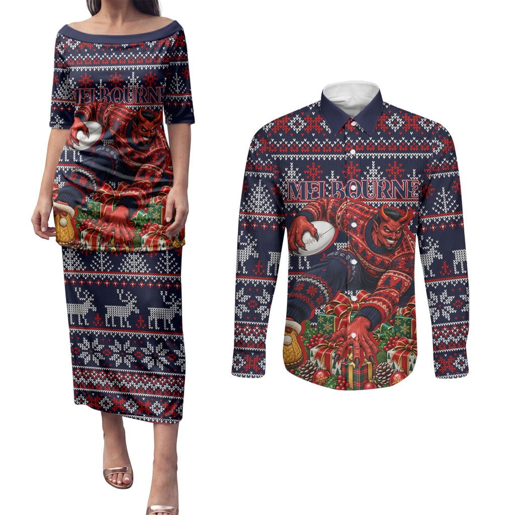 Personalized Melbourne Football Christmas Couples Matching Puletasi and Long Sleeve Button Shirt Australian Football Mascot - Ugly Xmas Pattern Festive