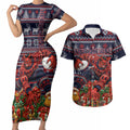 Personalized Melbourne Football Christmas Couples Matching Short Sleeve Bodycon Dress and Hawaiian Shirt Australian Football Mascot - Ugly Xmas Pattern Festive