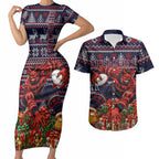 Personalized Melbourne Football Christmas Couples Matching Short Sleeve Bodycon Dress and Hawaiian Shirt Australian Football Mascot - Ugly Xmas Pattern Festive