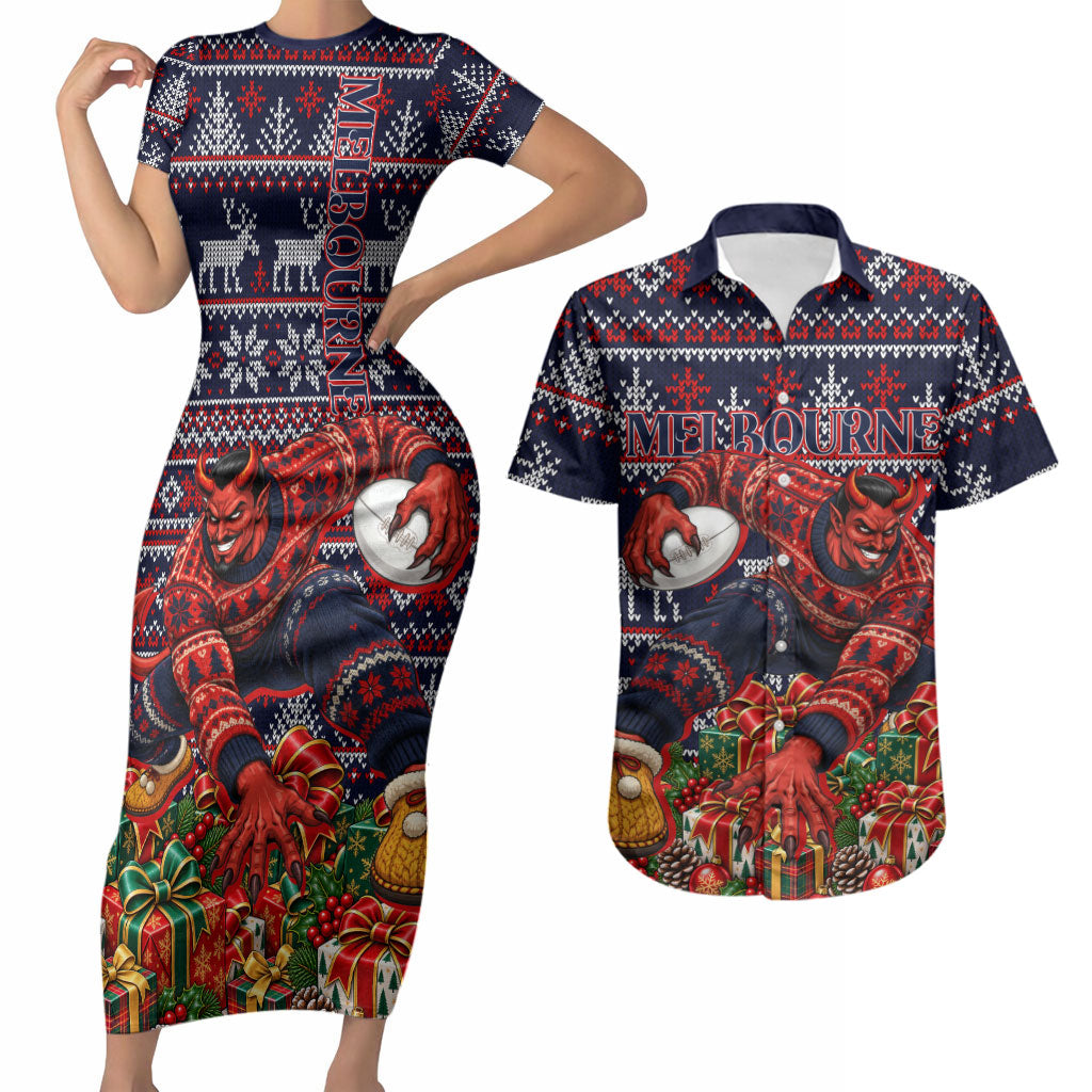 Personalized Melbourne Football Christmas Couples Matching Short Sleeve Bodycon Dress and Hawaiian Shirt Australian Football Mascot - Ugly Xmas Pattern Festive