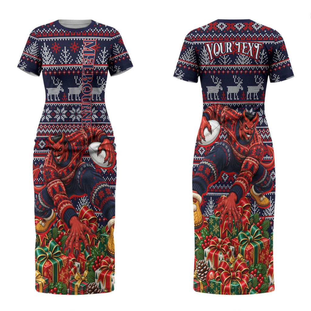 Personalized Melbourne Football Christmas Couples Matching Short Sleeve Bodycon Dress and Hawaiian Shirt Australian Football Mascot - Ugly Xmas Pattern Festive