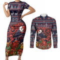 Personalized Melbourne Football Christmas Couples Matching Short Sleeve Bodycon Dress and Long Sleeve Button Shirt Australian Football Mascot - Ugly Xmas Pattern Festive