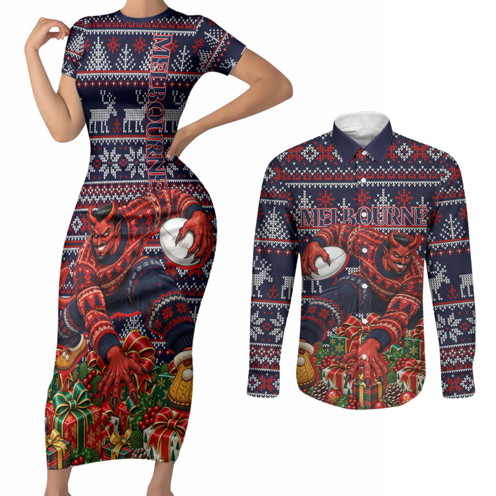 Personalized Melbourne Football Christmas Couples Matching Short Sleeve Bodycon Dress and Long Sleeve Button Shirt Australian Football Mascot - Ugly Xmas Pattern Festive