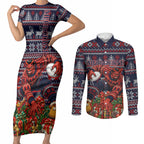 Personalized Melbourne Football Christmas Couples Matching Short Sleeve Bodycon Dress and Long Sleeve Button Shirt Australian Football Mascot - Ugly Xmas Pattern Festive