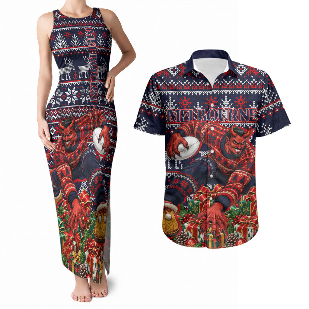 Personalized Melbourne Football Christmas Couples Matching Tank Maxi Dress and Hawaiian Shirt Australian Football Mascot - Ugly Xmas Pattern Festive