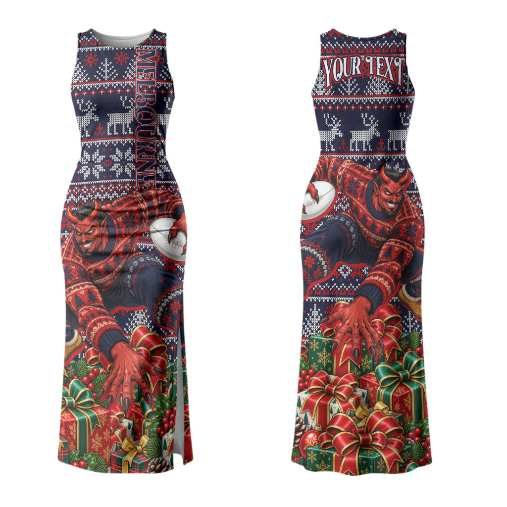 Personalized Melbourne Football Christmas Couples Matching Tank Maxi Dress and Hawaiian Shirt Australian Football Mascot - Ugly Xmas Pattern Festive