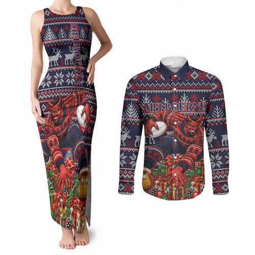 Personalized Melbourne Football Christmas Couples Matching Tank Maxi Dress and Long Sleeve Button Shirt Australian Football Mascot - Ugly Xmas Pattern Festive