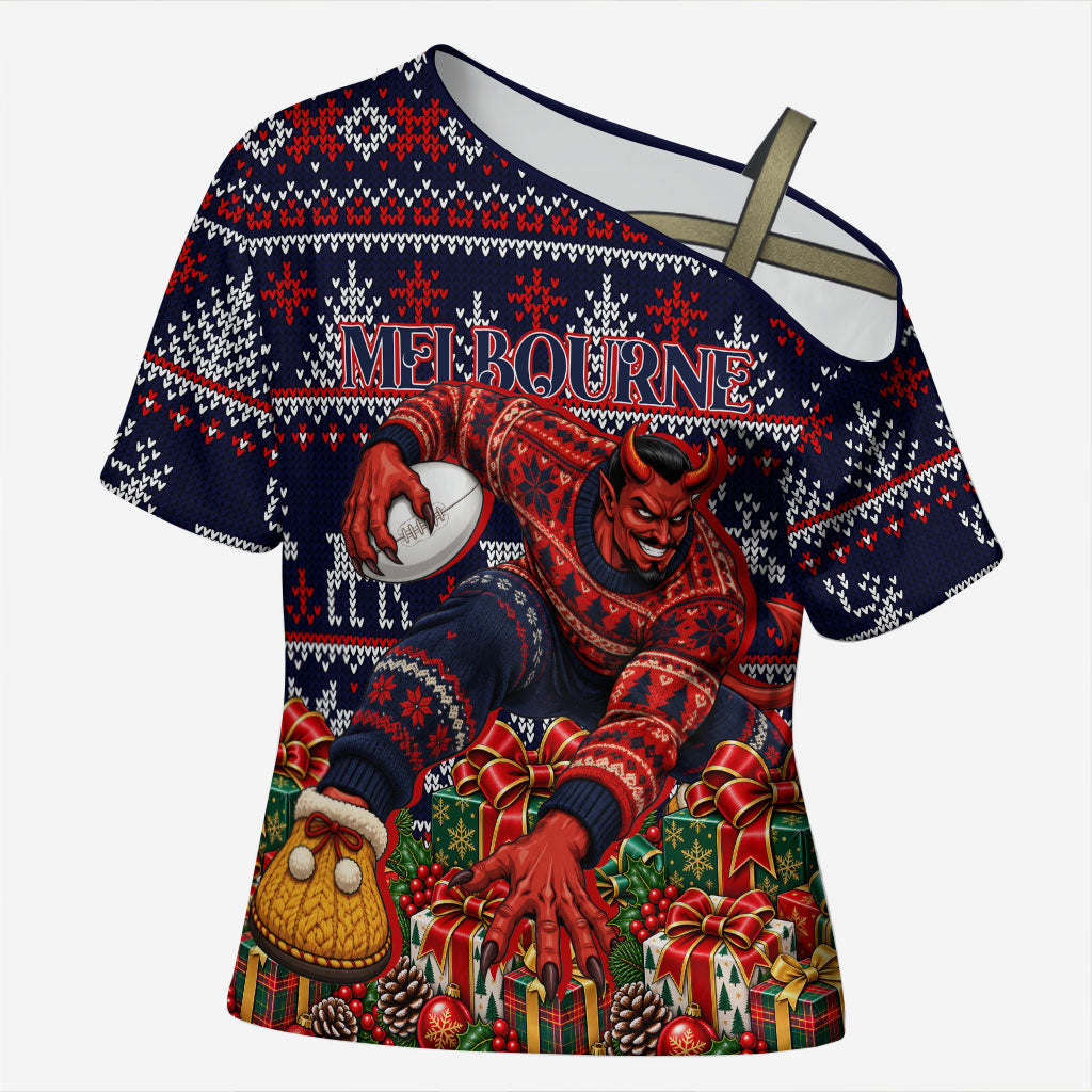 Personalized Melbourne Football Christmas Cross Shoulder Shirt Australian Football Mascot - Ugly Xmas Pattern Festive