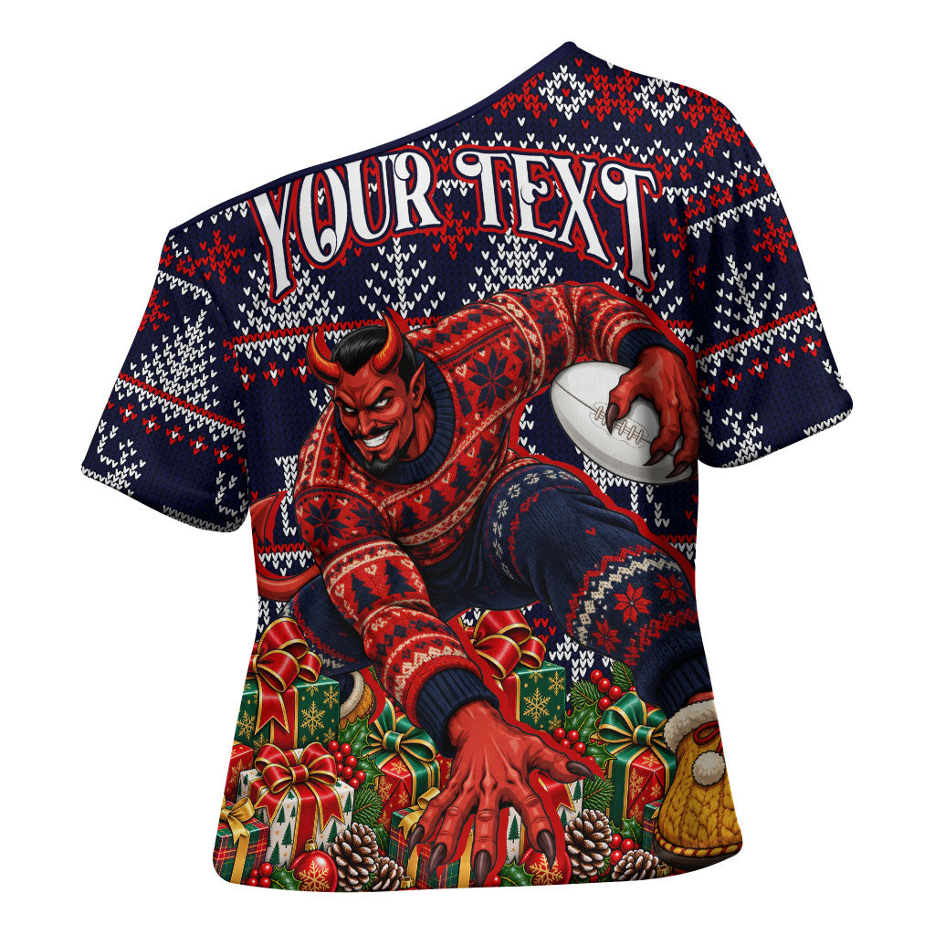 Personalized Melbourne Football Christmas Cross Shoulder Shirt Australian Football Mascot - Ugly Xmas Pattern Festive
