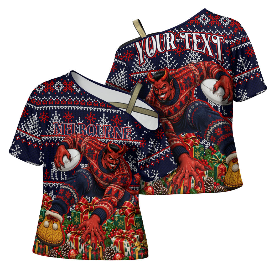 Personalized Melbourne Football Christmas Cross Shoulder Shirt Australian Football Mascot - Ugly Xmas Pattern Festive