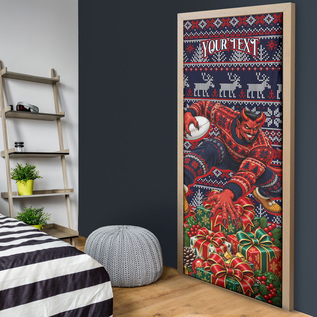 Personalized Melbourne Football Christmas Door Cover Australian Football Mascot - Ugly Xmas Pattern Festive