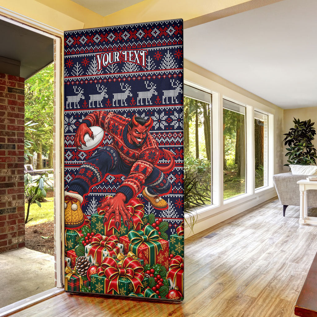 Personalized Melbourne Football Christmas Door Cover Australian Football Mascot - Ugly Xmas Pattern Festive