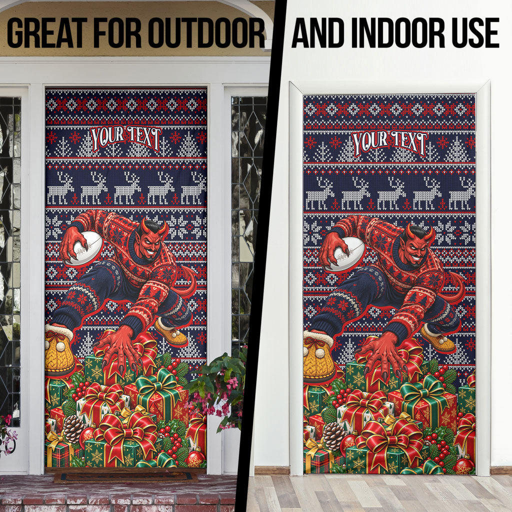 Personalized Melbourne Football Christmas Door Cover Australian Football Mascot - Ugly Xmas Pattern Festive
